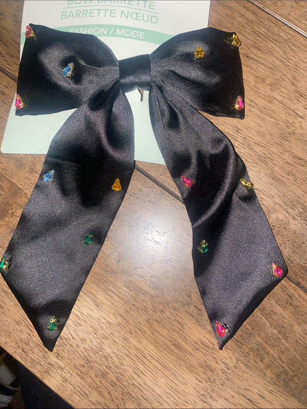 Black Satin Bow Hair Clip with Multicolor Rhinestones